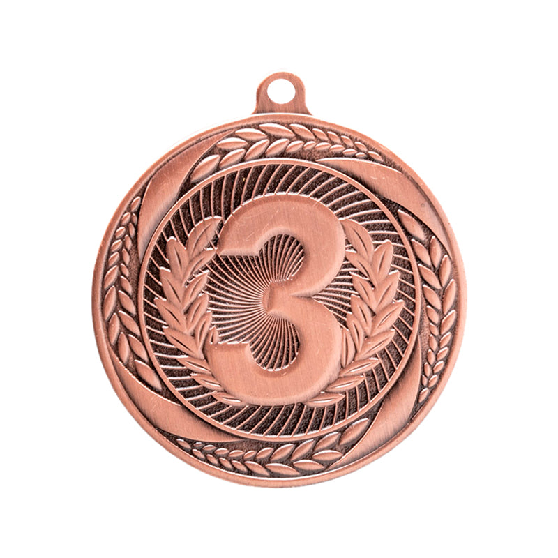 2-1/4 INCH 3RD PLACE MEDAL IN ANTIQUED BRONZE FINISH WITH LAUREL WREATH BORDER-HOLDS 2 INCH INSERT ON BACK