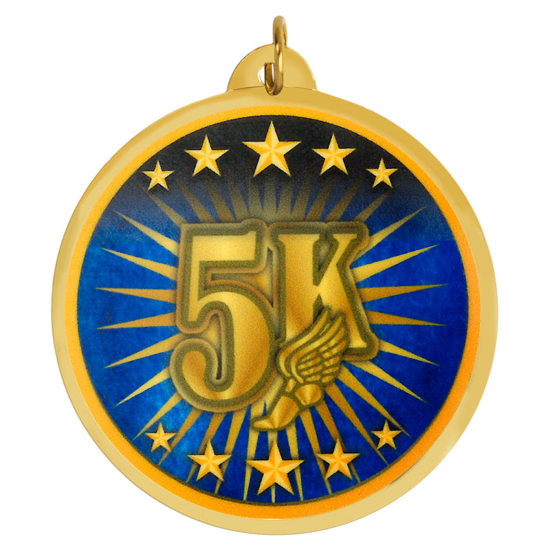 2-1/4 Inch in Diameter Round '5K Run' Sports Medal with Mylar Detailing and Customizable Back