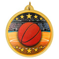 2-1/4 Inch in Diameter Round Mylar Basketball Medal with Multicolor Detailing and Customizable Back