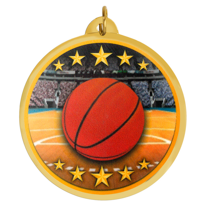2-1/4 Inch in Diameter Round Mylar Basketball Medal with Multicolor Detailing and Customizable Back