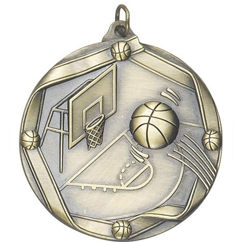 2-1/4 Inch 3D Die-Cast Basketball Medal in Antique Brass, Silver, or Bronze