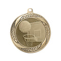 2-1/4 INCH BASKETBALL MEDAL IN ANTIQUED GOLD, SILVER, OR BRONZE FINISH WITH LAUREL WREATH BORDER HOLDS 2 INCH INSERT ON BACK