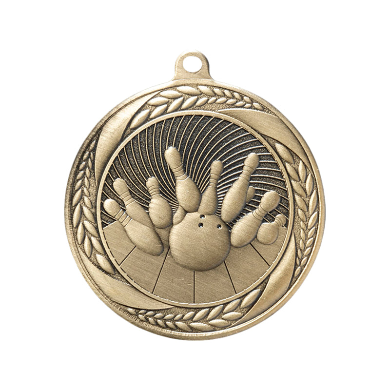 2-1/4 Inch Bowling Medal in Antique Gold, Silver, or Bronze with Insert