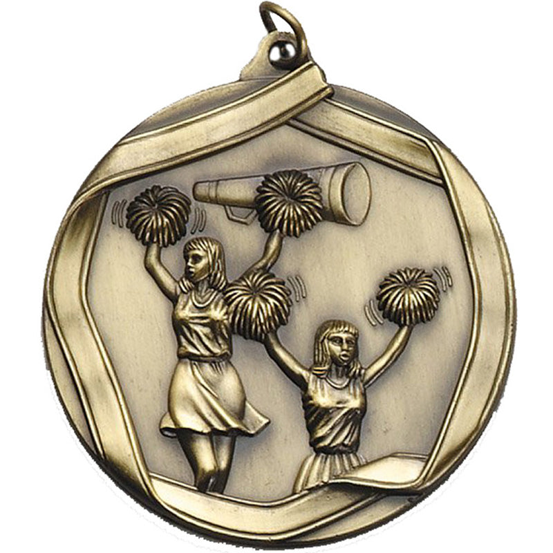 2-1/4 Inch 3D Die-Cast Cheerleading Medal in Antique Brass, Silver, or Bronze