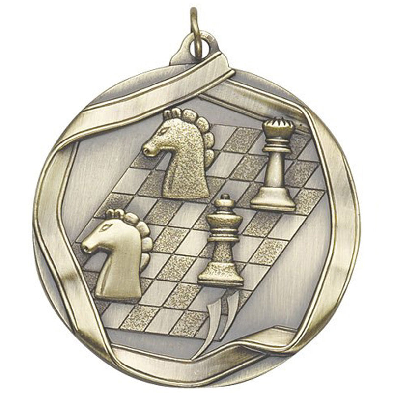 2-1/4 Inch 3D Die-Cast Chess Themed Medal in Antique Brass, Silver, or Bronze