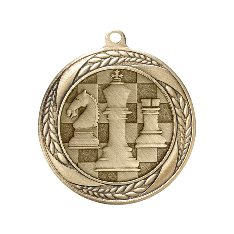 2-1/4 Inch Chess Themed Medal in Antique Gold, Silver, or Bronze with Insert