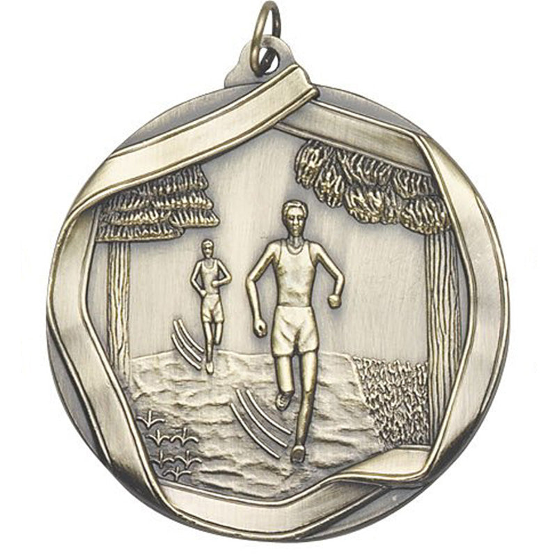 2-1/4 Inch 3D Die-Cast Cross Country Medal in Antique Brass, Silver, or Bronze