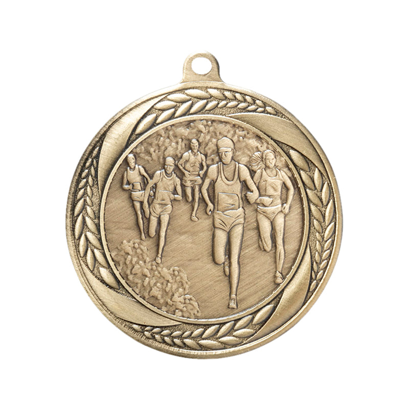 2-1/4 Inch Cross Country Medal in Antique Gold, Silver, or Bronze with Insert