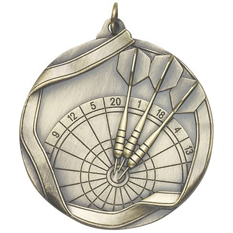 2-1/4 Inch 3D Die-Cast Darts Themed Medal in Antique Brass, Silver, or Bronze