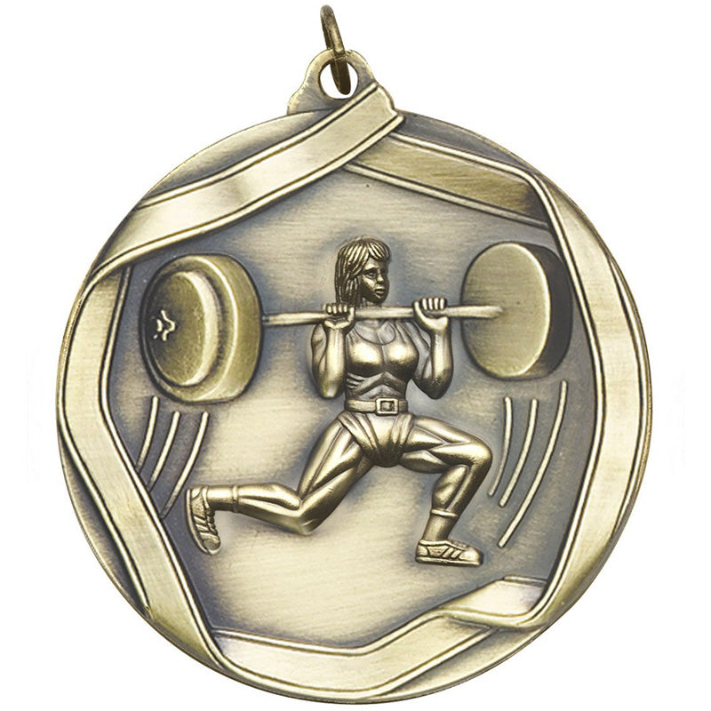 2-1/4 Inch 3D Die-Cast Womens Weightlifting Medal in Antique Brass, Silver, or Bronze