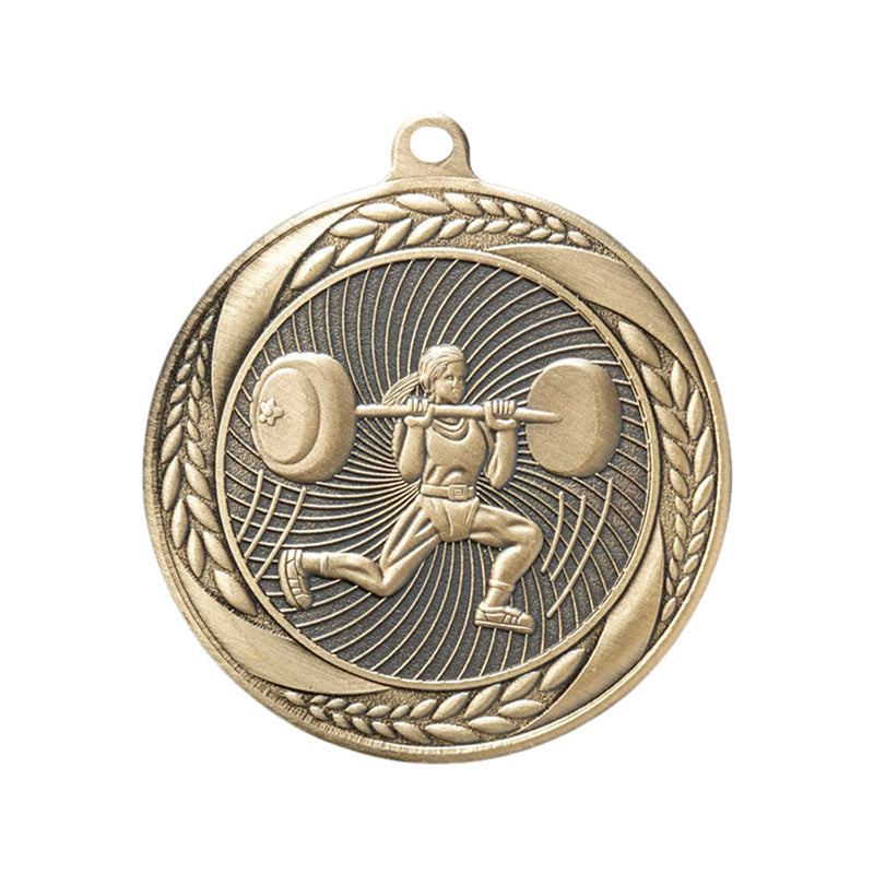 2-1/4 Inch Womens Weightlifting Medal in Antique Gold, Silver, or Bronze with Insert