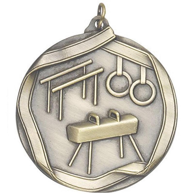 2-1/4 Inch 3D Die-Cast Mens Gymnastics Medal in Antique Brass, Silver, or Bronze