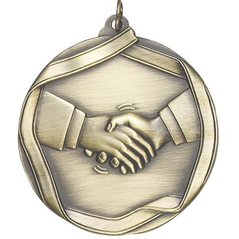 2-1/4 Inch 3D Die-Cast Medal with Handshake Theme in Antique Brass, Silver, or Bronze