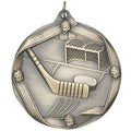 2-1/4 Inch 3D Die-Cast Hockey Themed Sports Medal in Antique Brass, Silver, or Bronze