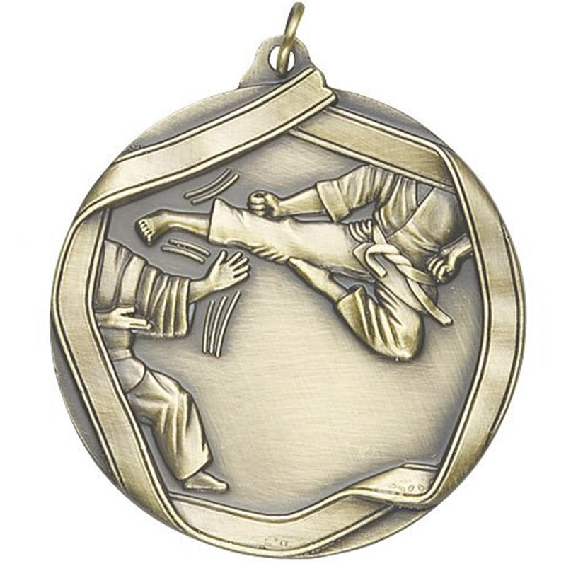 2-1/4 Inch 3D Die-Cast Karate Themed Sports Medal in Antique Brass, Silver, or Bronze