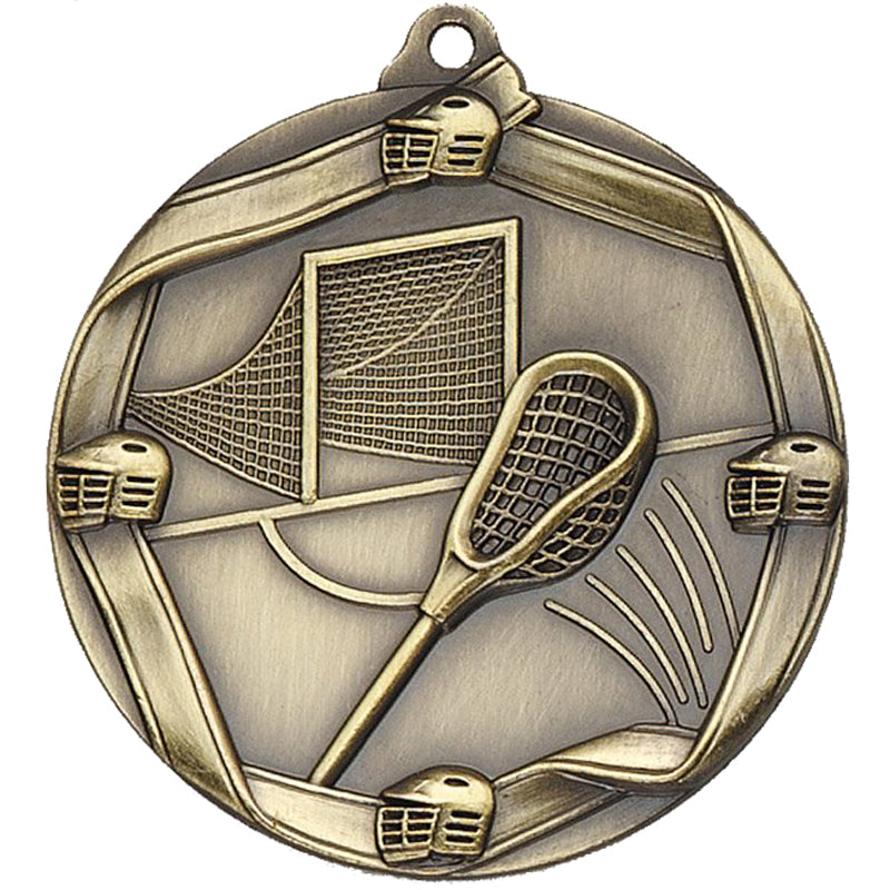 2-1/4 Inch 3D Die-Cast Lacrosse Themed Sports Medal in Antique Brass, Silver, or Bronze