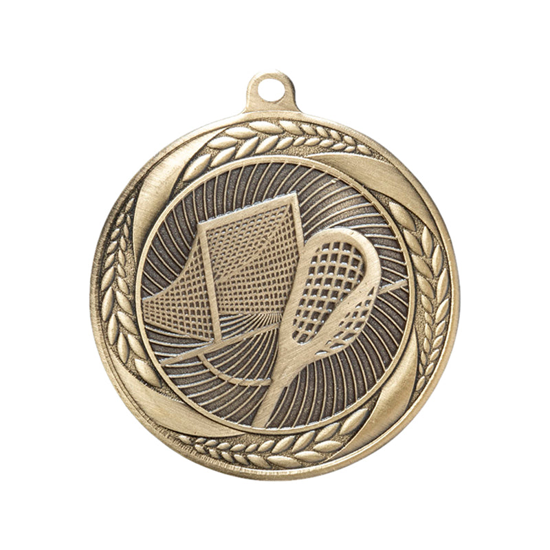 2-1/4 Inch Lacrosse Themed Medal in Antique Gold with Insert