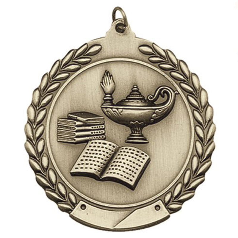 1-3/4 Inch 'Lamp of Knowledge' Themed Customizable 3D Medal in Brass, Silver, or Bronze