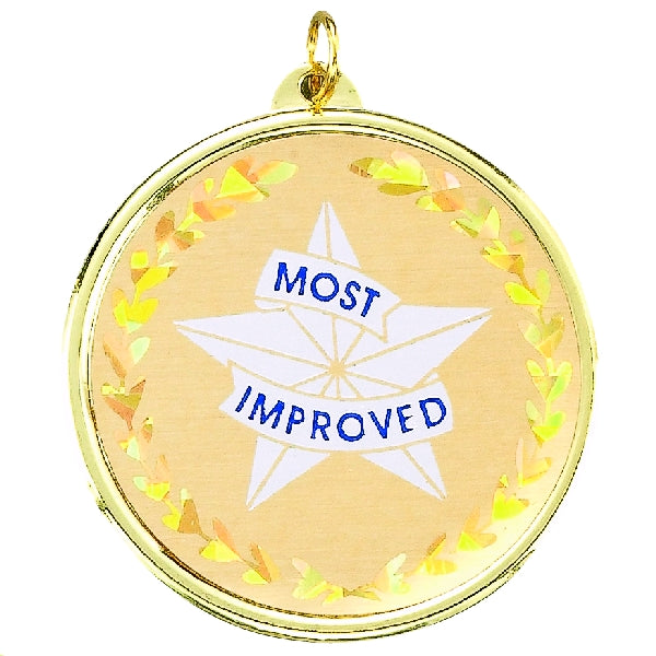 2-1/4 Inch in Diameter Round Most Improved Medal with Mylar Detailing and Customizable Back