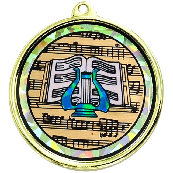 2-1/4 Inch in Diameter Round Musical Lyre Themed Medal with Mylar Detailing and Customizable Back