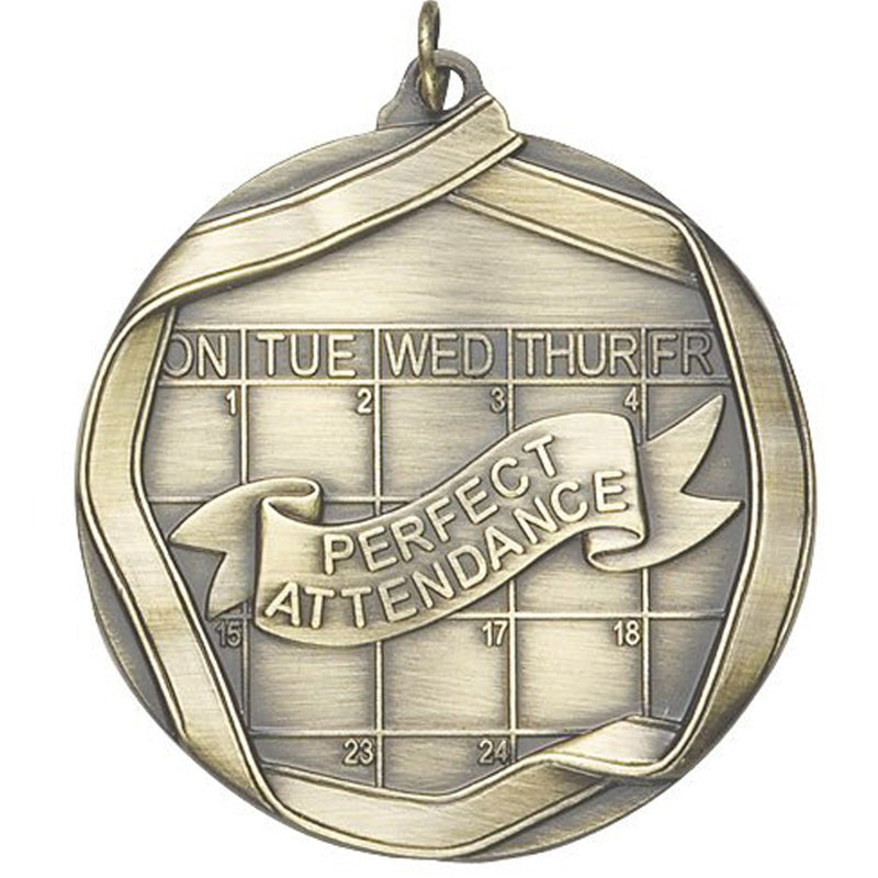 2-1/4 Inch 3D Die-Cast Perfect Attendance Medal in Antique Brass, Silver, or Bronze