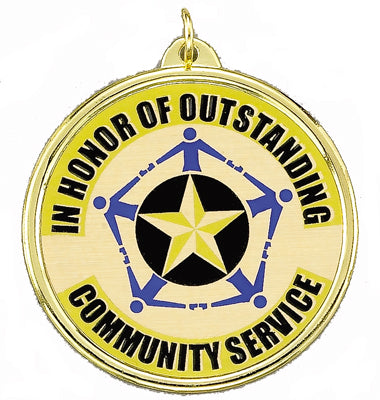 2-1/4 Inch in Diameter Round Community Service Medal with Mylar Detailing and Customizable Back