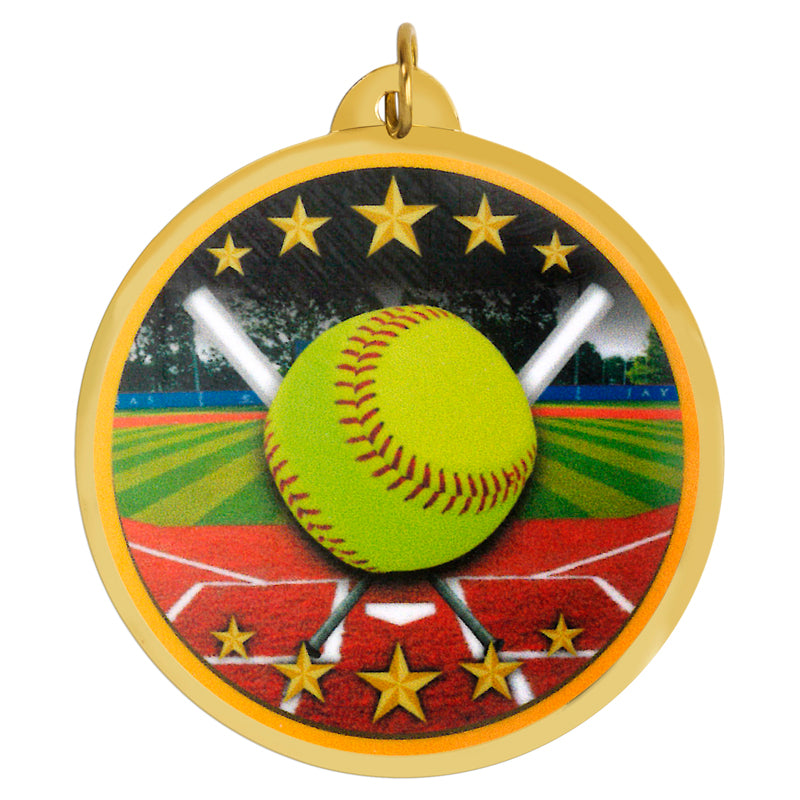 2-1/4 Inch in Diameter Round Softball Themed Sports Medal with Mylar Detailing and Customizable Back