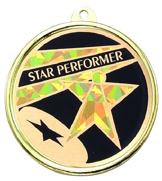 2-1/4 Inch in Diameter Round Star Performer Medal with Mylar Detailing and Customizable Back