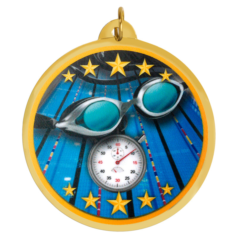 2-1/4 Inch in Diameter Round Mylar Detailed Swimming Medal with Customizable Back