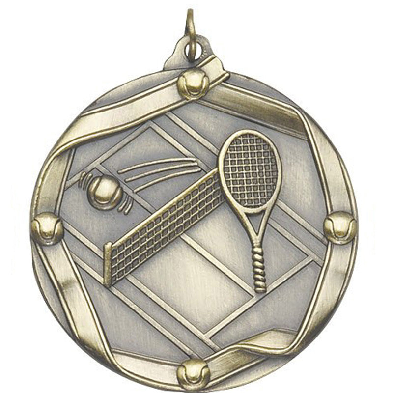 2-1/4 Inch 3D Die-Cast Tennis Themed Medal in Antique Brass, Silver, or Bronze