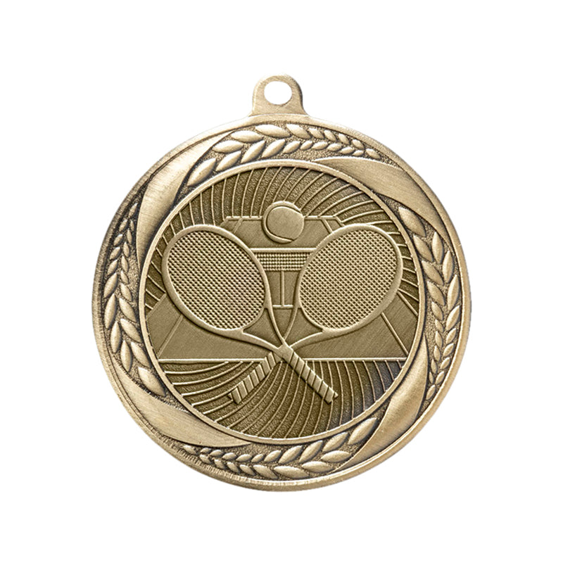 2-1/4 Inch Tennis Medal in Antique Gold, Silver, or Bronze with Insert