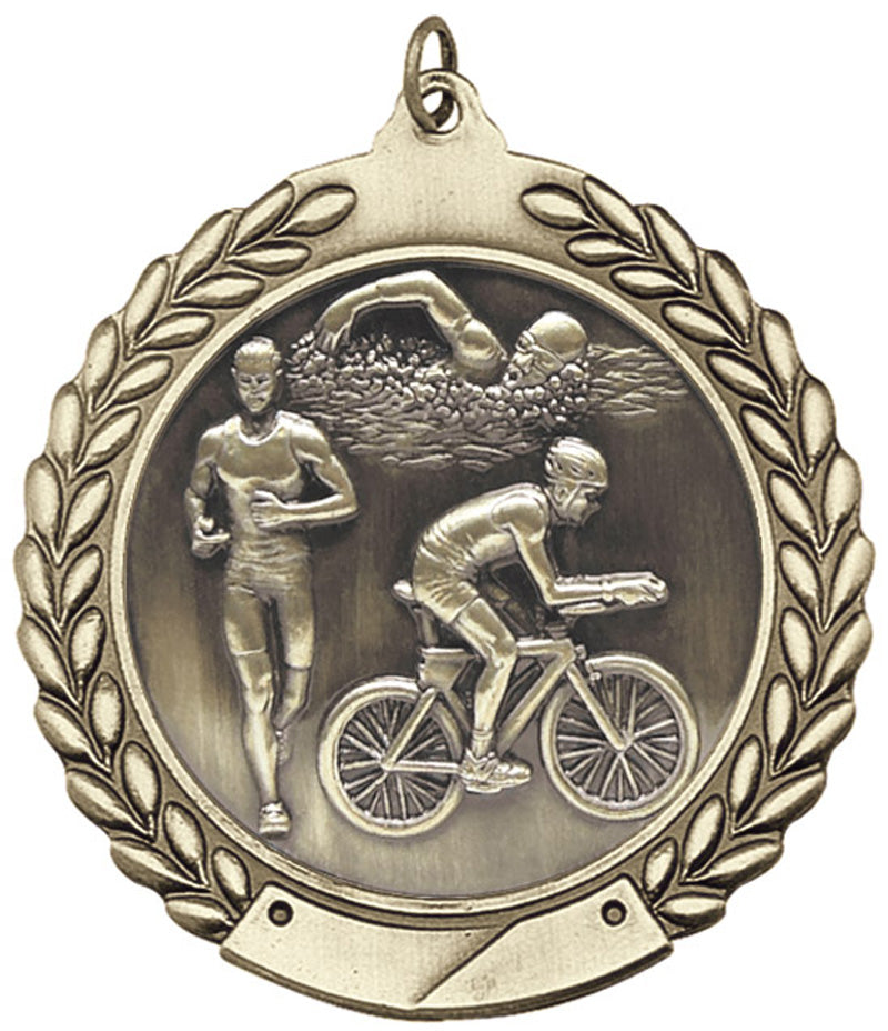 1-3/4 Inch Customizable 3D Triathalon Medal in Brass, Silver, or Bronze