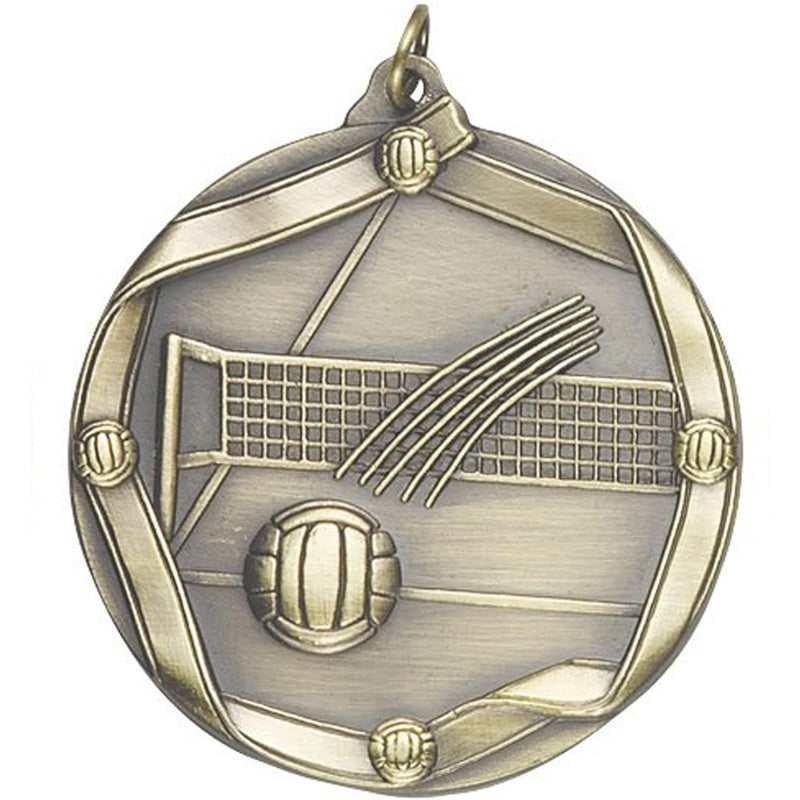 2-1/4 Inch 3D Die-Cast Volleyball Medal in Antique Brass, Silver, or Bronze