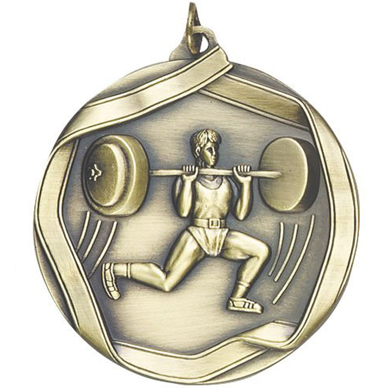 2-1/4 Inch 3D Die-Cast Weightlifting Medal in Antique Brass, Silver, or Bronze