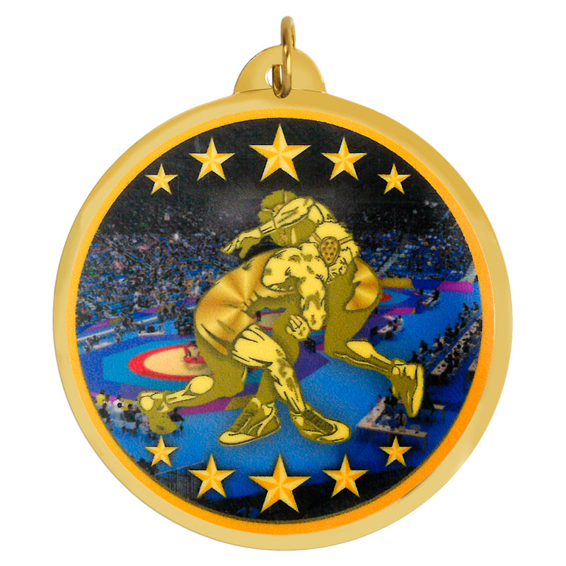 2-1/4 Inch in Diameter Round Mylar Detailed Wrestling Medal with Customizable Back