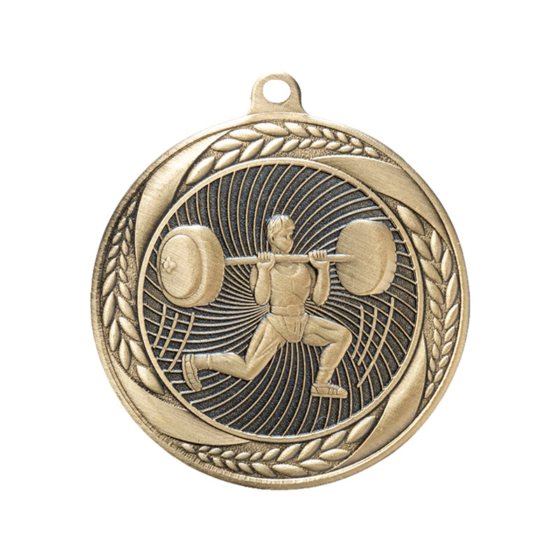 2-1/4 Inch Mens Weightlifting Medal in Antique Gold, Silver, or Bronze with Insert