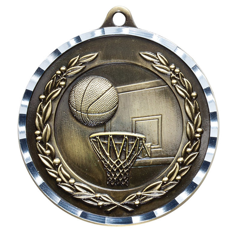 2-3/4 Inch 3-D Basketball Medal in Antique Brass, Pewter or Bronze Finish