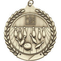 2-3/4 Inch Bowling Medal 3- Dimensional Die Cast Satin in Antique Brass, Pewter or Bronze Finish