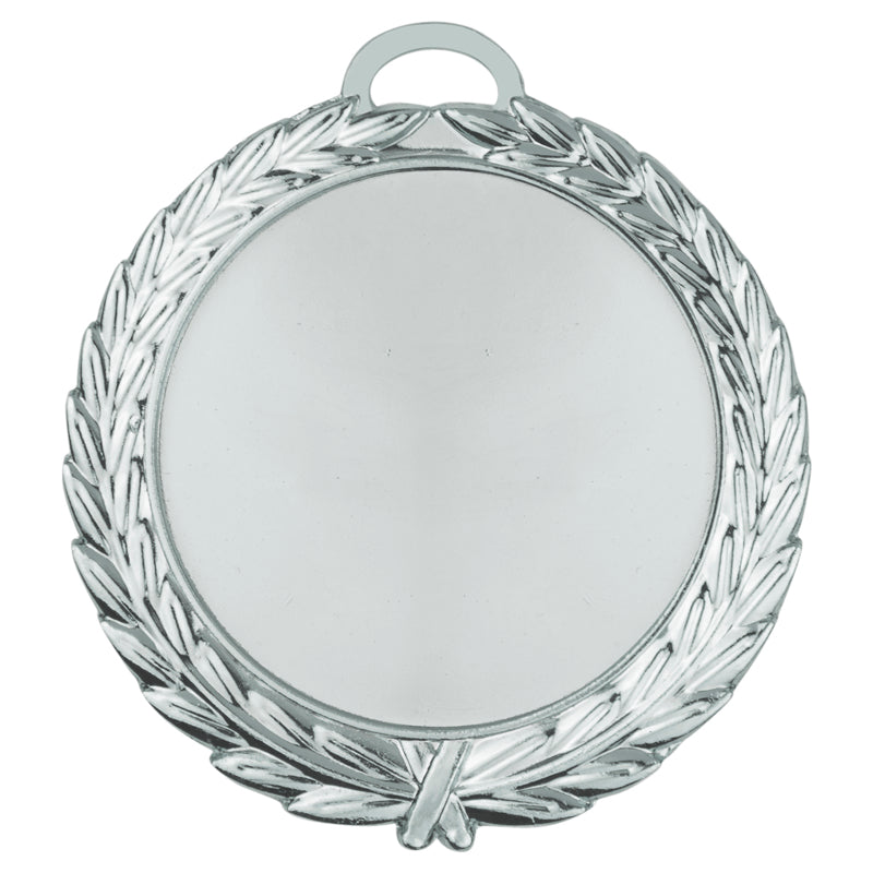 2-3/4 INCH BRIGHT SILVER WREATH MEDAL FRAME HOLDS 2 INCH INSERT