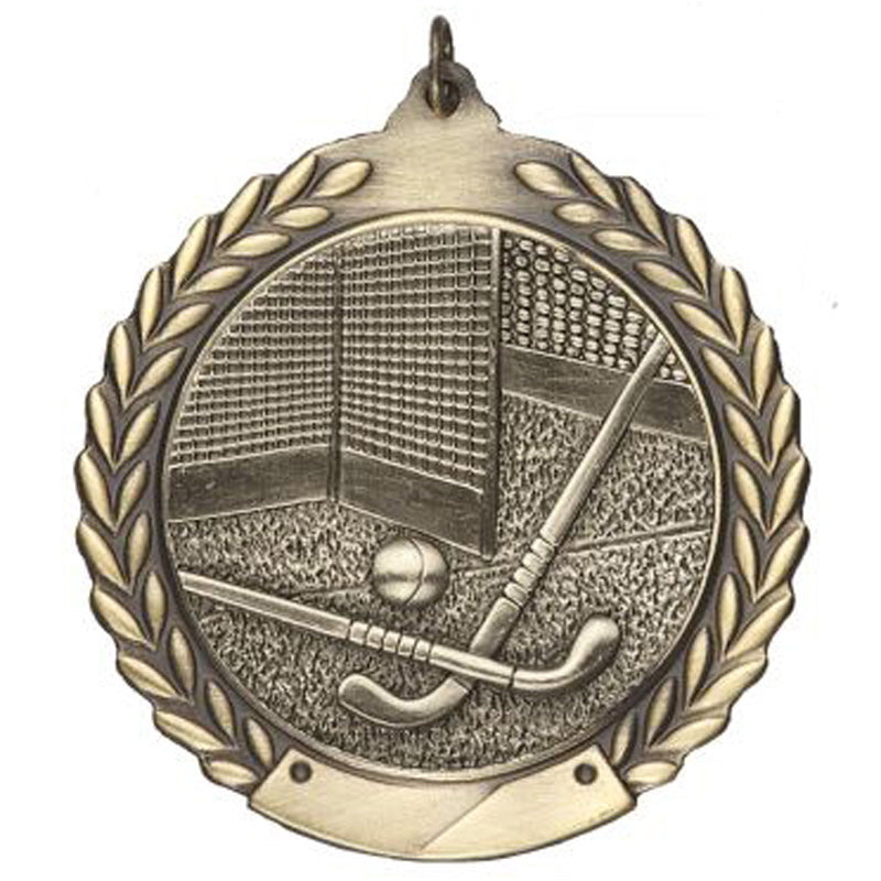 2-3/4 Inch Field Hockey Medal 3- Dimensional Die Cast Satin in Antique Brass, Pewter or Bronze Finish