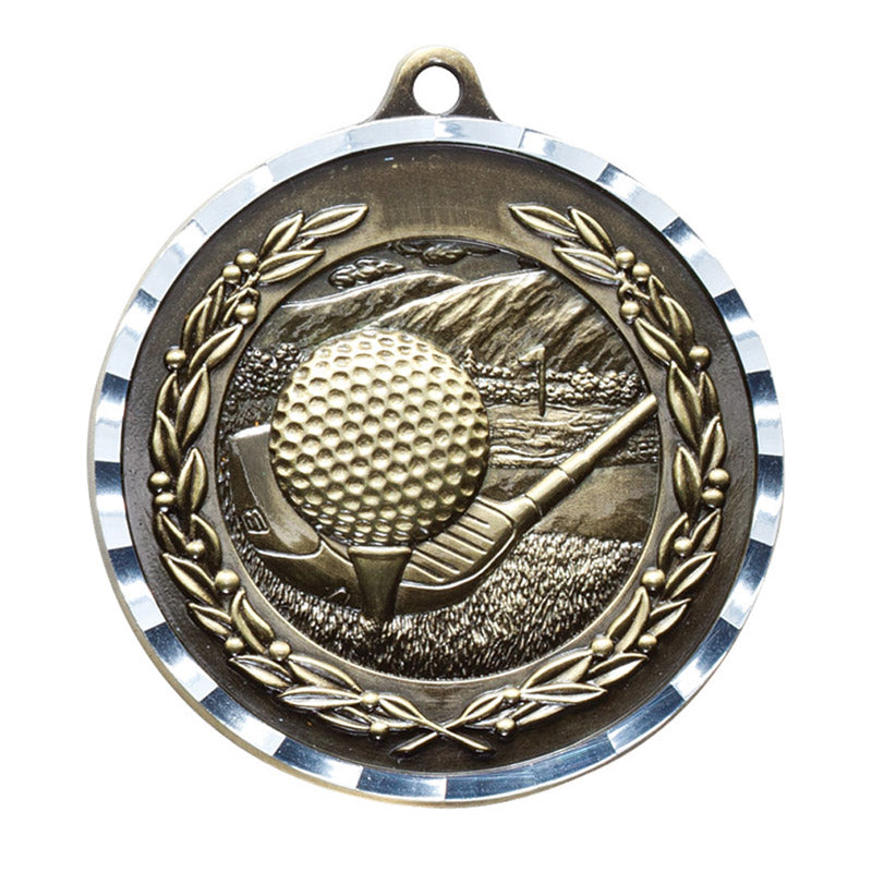 2-3/4 Inch 3-D Golf Medal in Antique Brass, Pewter or Bronze Finish