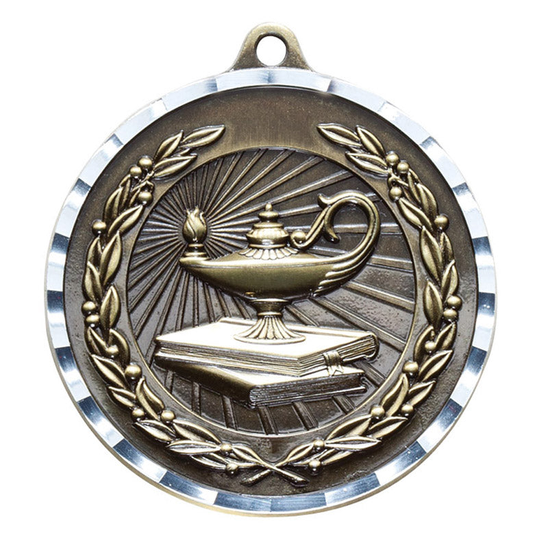 2-3/4 Inch 3-D Academic Lamp Medal in Antique Brass, Pewter or Bronze Finish