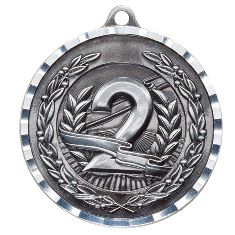 2-3/4 Inch Second Place Medal 3- Dimensional Diamond Engraved Cast Satin in Antique Pewter