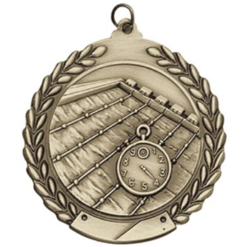 2-3/4 Inch Swimming Medal 3- Dimensional Die Cast Satin in Antique Brass, Pewter or Bronze Finish