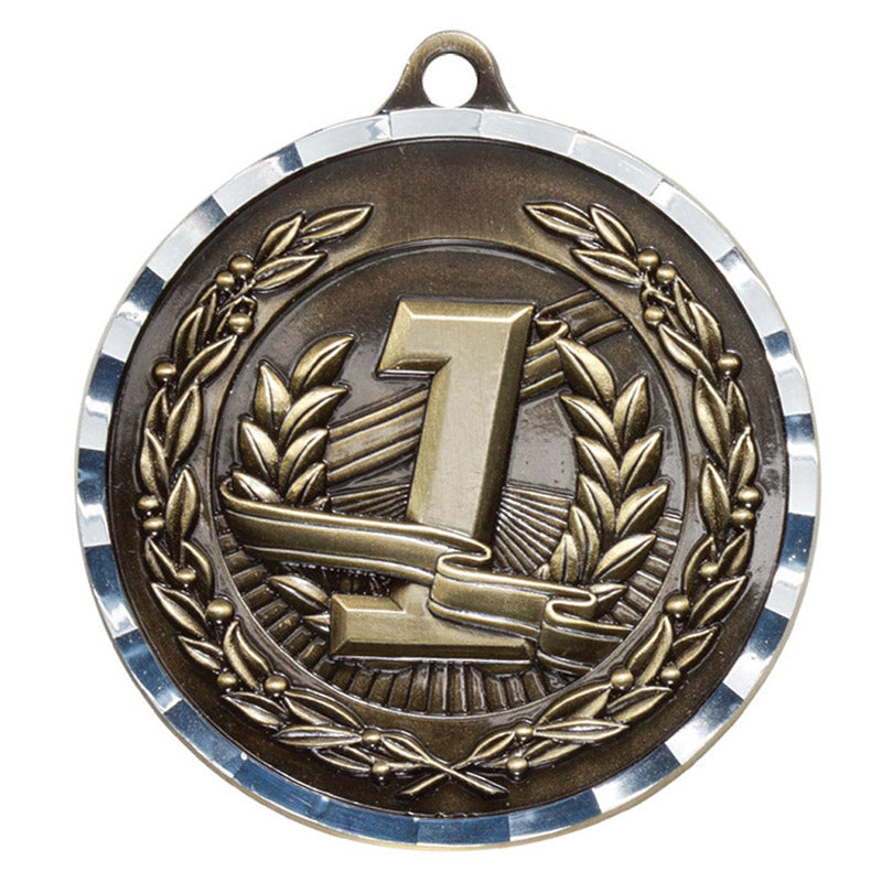 2-3/4 Inch First Place Medal 3- Dimensional Diamond Engraved Cast Satin in Antique Brass Finish