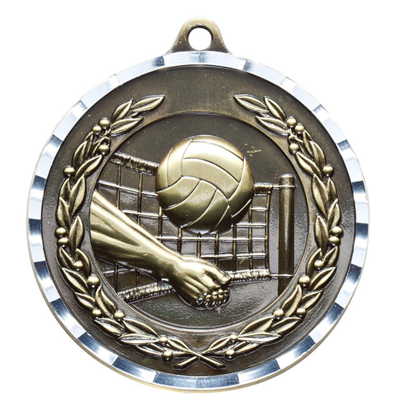 2-3/4 Inch Volleyball Medal 3- Dimensional Diamond Engraved Cast Satin in Antique Brass, Pewter or Bronze Finish