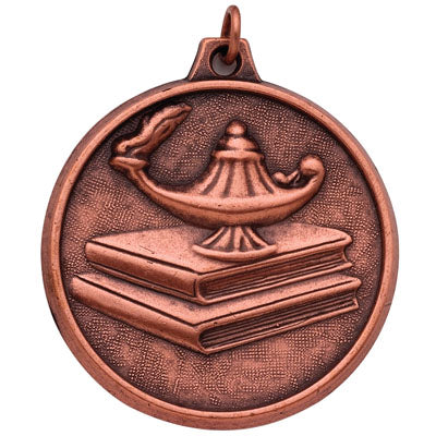 2 INCH LAMP OF LEARNING WITH BOOKS MEDAL, BRONZE