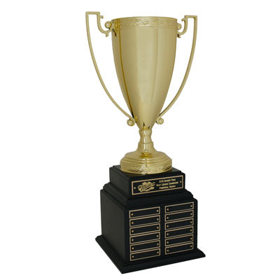 20-1/2 INCH  PERPETUAL TROPHY WITH 13 INCH GOLD CUP ON BLACK BASE