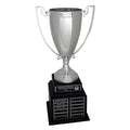 20-1/2 INCH  PERPETUAL TROPHY WITH 13 INCH SILVER CUP ON BLACK BASE, 48 PLATES