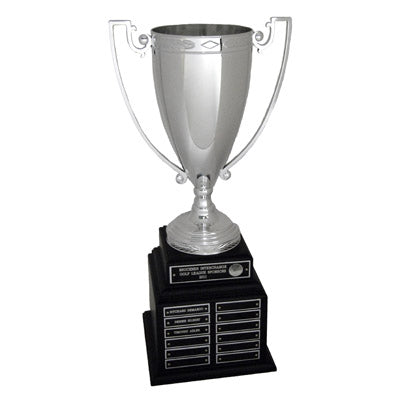 20-1/2 INCH  PERPETUAL TROPHY WITH 13 INCH SILVER CUP ON BLACK BASE, 48 PLATES